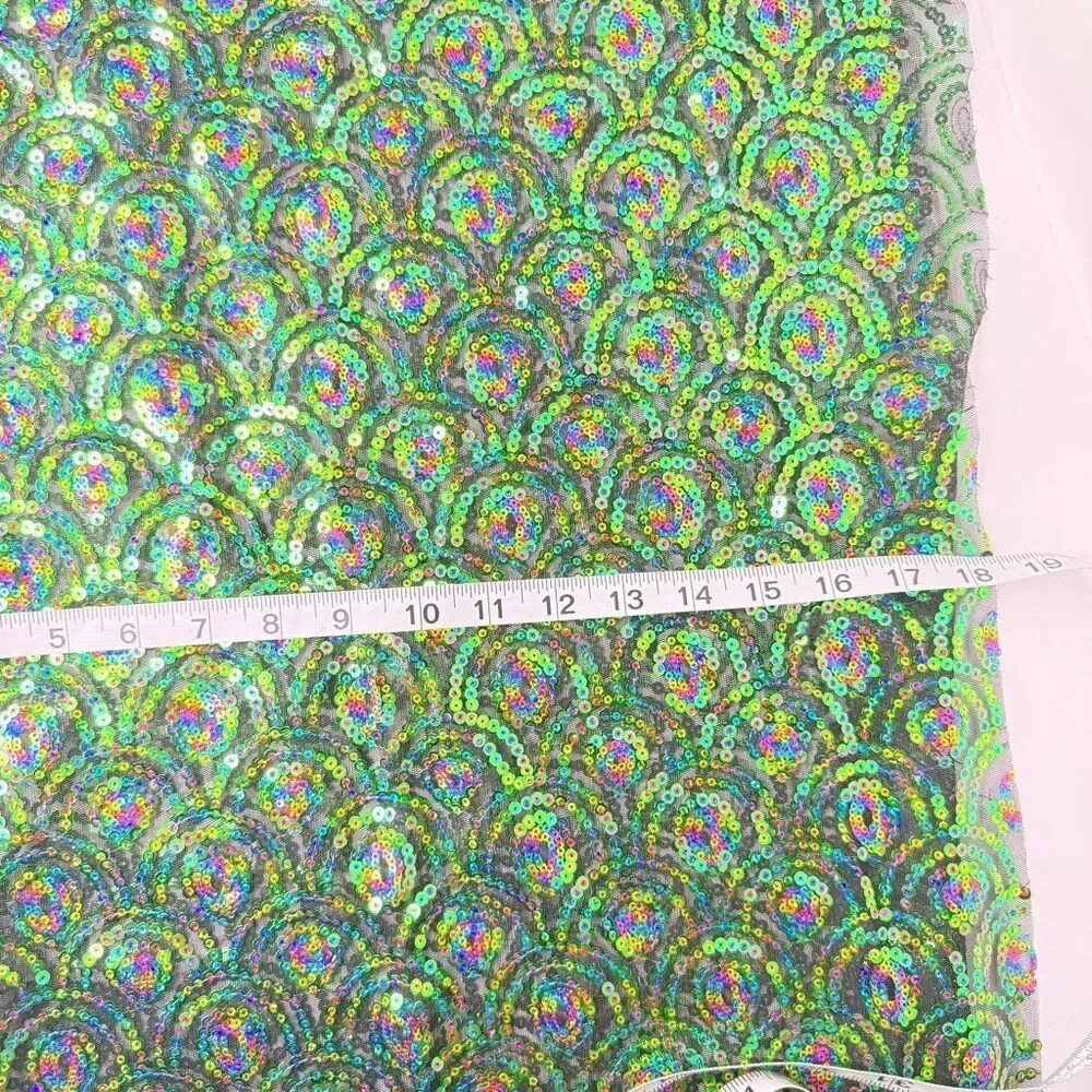 Iridescent Sequin Fabric Green Rainbow Mermaid Scale Pattern 30” x 17” Mesh Back